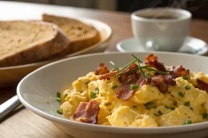 Ovos mexidos cremosos com tiras de bacon crocante douradas, prato quente fumegante em travessa com ervas frescas, café da manhã brasileiro clássico.