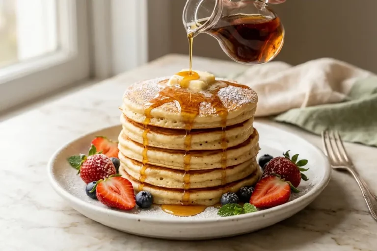 Pilha de pancakes americanas fofas e douradas com manteiga derretendo e calda de maple syrup escorrendo sobre prato de cerâmica branca