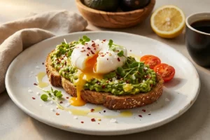 Fatia de pão integral tostado com creme de abacate e ovo poché com gema aberta sobre prato de cerâmica branca finalizado com microverdes e flocos de pimenta vermelha