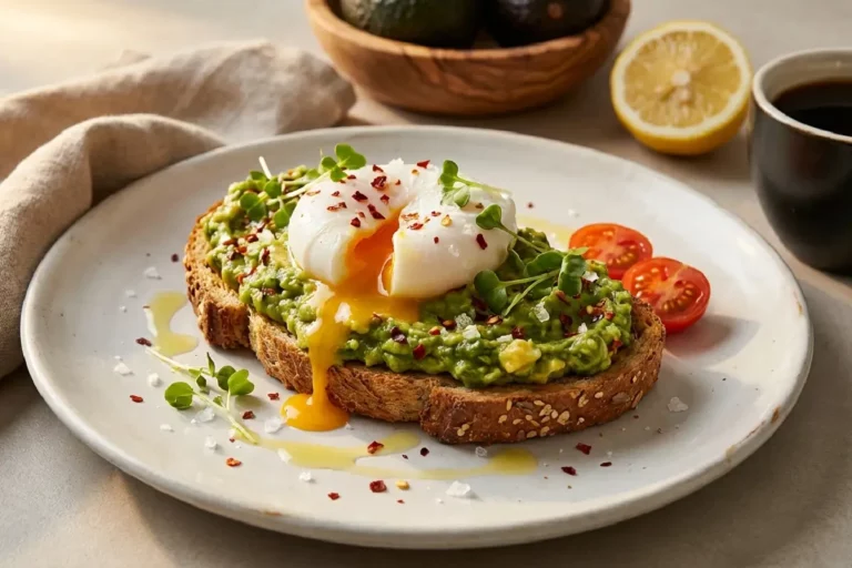 Fatia de pão integral tostado com creme de abacate e ovo poché com gema aberta sobre prato de cerâmica branca finalizado com microverdes e flocos de pimenta vermelha