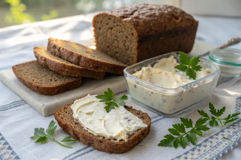 Pão integral fatiado com requeijão light cremoso espalhado, servido em prato rústico, com textura detalhada do pão e brilho do requeijão.