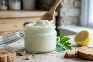 Requeijão caseiro light cremoso em pote de vidro com colher de madeira e pão integral ao fundo