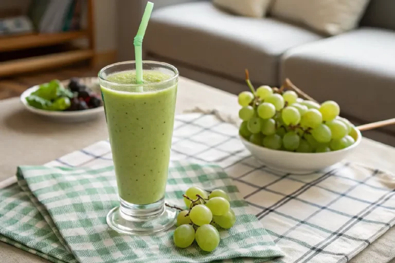 Copo de smoothie verde feito com uvas verdes frescas, cremoso e refrescante.