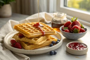 Waffles crocantes dourados recém-feitos com mel escorrendo e frutas frescas.