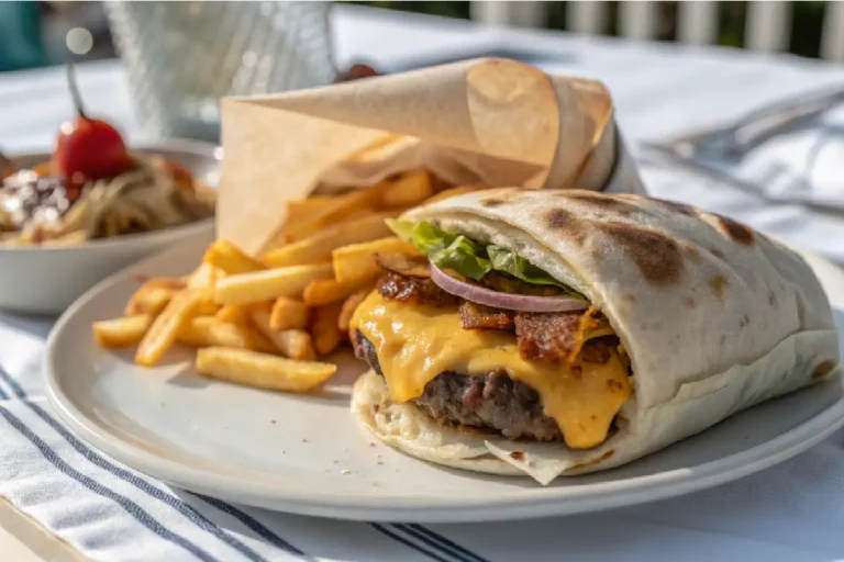 Cheeseburger suculento com queijo derretido, alface e tomate, envolto em Rap10.