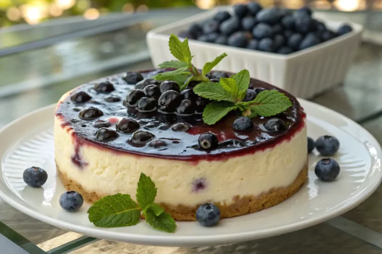 Cheesecake cremoso com cobertura de blueberries frescas e brilho apetitoso, servido em prato branco.