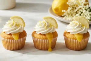 Três cupcakes de ovo com coalhada de limão amarelo-ouro brilhante e chantilly em pico sobre mármore branco decorados com raspas de limão fres