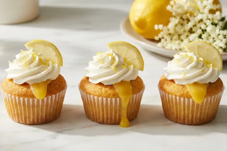 Três cupcakes de ovo com coalhada de limão amarelo-ouro brilhante e chantilly em pico sobre mármore branco decorados com raspas de limão fres