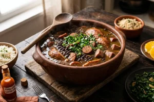 Panela de barro com feijoada light de feijão-preto cremoso com carnes magras defumadas e ervas frescas sobre mesa de madeira escura