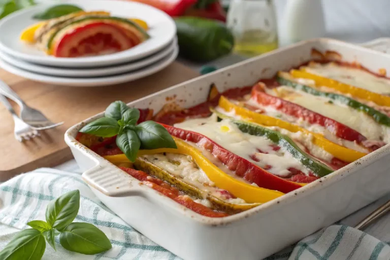 Lasanha feita com camadas de fatias de pimentão colorido, queijo derretido e molho, servido em travessa branca.