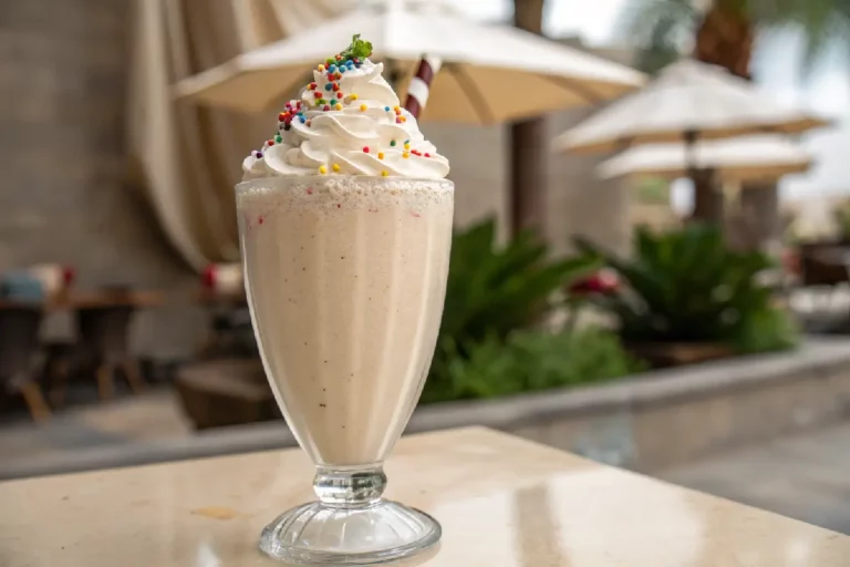 Milkshake cremoso de leite ninho servido em copo alto com canudo, decorado com chantilly.