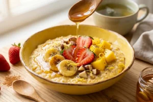Mingau de aveia com frutas frescas, mel dourado escorrendo, castanhas e sementes de chia em bowl de cerâmica artesanal