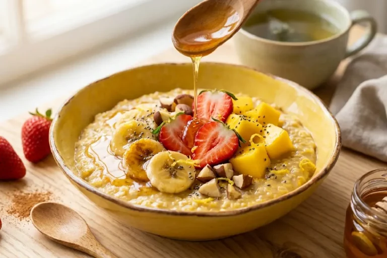 Mingau de aveia com frutas frescas, mel dourado escorrendo, castanhas e sementes de chia em bowl de cerâmica artesanal
