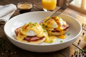 Ovos Benedict em prato de porcelana branca com gema mole escorrendo sobre molho hollandaise amarelo dourado e English muffin tostado