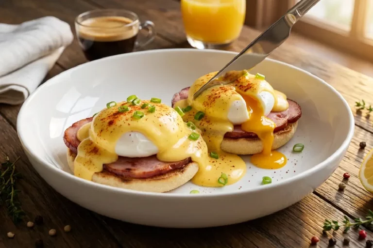 Ovos Benedict em prato de porcelana branca com gema mole escorrendo sobre molho hollandaise amarelo dourado e English muffin tostado