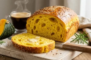 Pão de abóbora caseiro dourado e fatiado sobre tábua de madeira revelando miolo amarelo vibrante e aerado com manteiga derretendo por cima