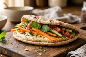 Pão sírio recheado com homus cremoso e vegetais frescos.