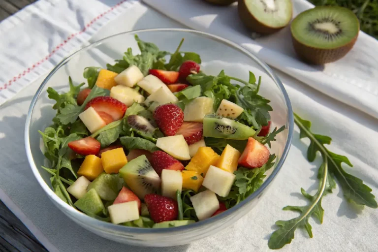 Salada colorida de frutas frescas e variadas com mix de folhas verdes, servida em tigela branca.