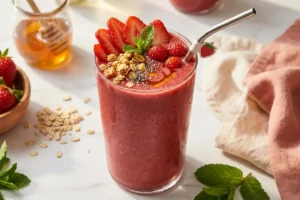 Copo alto de smoothie de aveia e morango rosa vibrante com morangos fatiados, granola e mel dourado sobre mármore branco