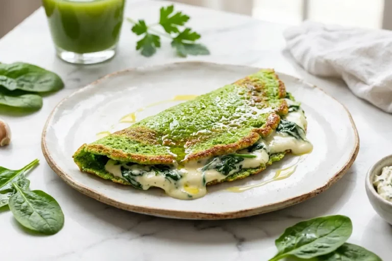 Tapioca de espinafre verde dobrada ao meio com recheio cremoso de cream cheese escorrendo pela lateral em prato de cerâmica branca