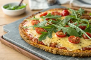 Pizza de massa fitness crocante feita com aveia e farinha integral, recheada com queijo light e vegetais coloridos, servida em assadeira redonda.