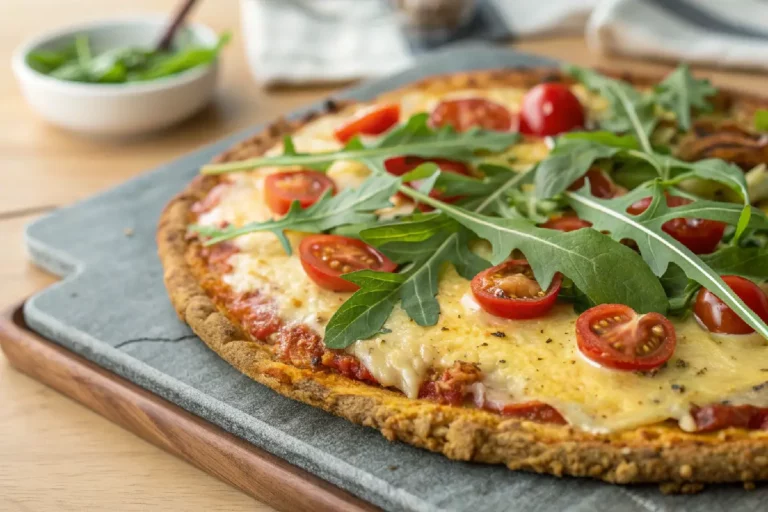 Pizza de massa fitness crocante feita com aveia e farinha integral, recheada com queijo light e vegetais coloridos, servida em assadeira redonda.