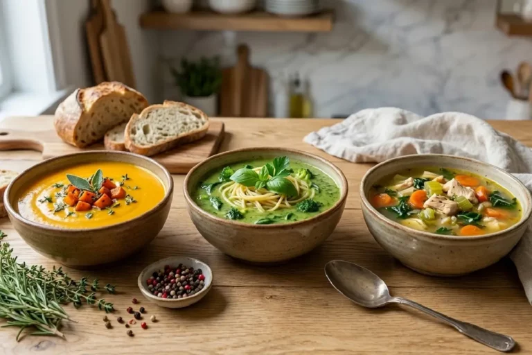 Seleção dos caldos e sopas mais populares da internet servidos em tigelas rústicas, incluindo caldo verde, sopa de ervilha e sopa de legumes caseira.