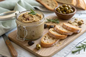 Patê de Alho Assado com Azeitonas﻿ cremoso, servido em cumbuca com pedaços de azeitonas.