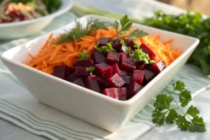 salada colorida de beterraba e cenoura ralada, rica em fibras, vitaminas e antioxidantes.