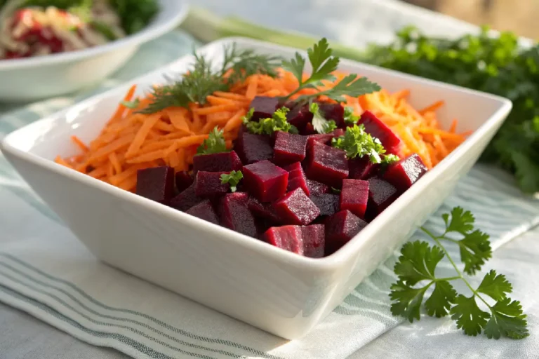salada colorida de beterraba e cenoura ralada, rica em fibras, vitaminas e antioxidantes.