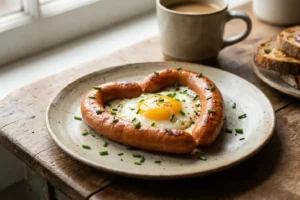 Salsicha com ovo em formato de coração para café da manhã