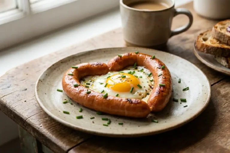 Salsicha com ovo em formato de coração para café da manhã