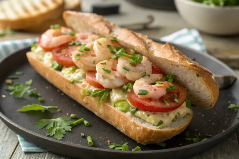 Sanduíche de camarão cremoso com molho maionese, alface crocante e tomate em pão integral torrado, recheio rosado visível.
