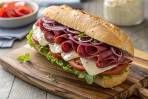 Sanduíche de mortadela artesanal com fatias generosas, pão macio e camadas de queijo e tomate