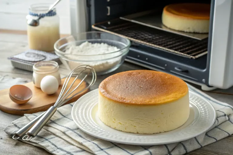 Soufflé cheesecake japonês leve e aerado, com textura macia e aparência delicada, servido em fatias.