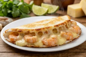 Tapioca de camarão cremosa com Catupiry servida dobrada com recheio suculento