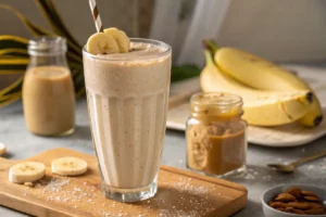 Vitamina cremosa de banana com pasta de amendoim, copo gelado com gelo, canudo e pedaços de banana visíveis.​