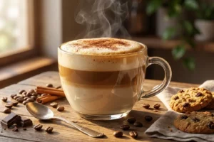 Cappuccino caseiro cremoso servido em caneca transparente