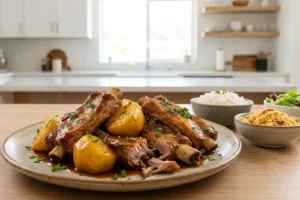 Costelinha de porco com batatas douradas