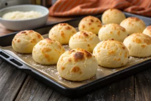 Cesta com pães de queijo dourados e crocantes com um cortado mostrando interior cremoso e aerado