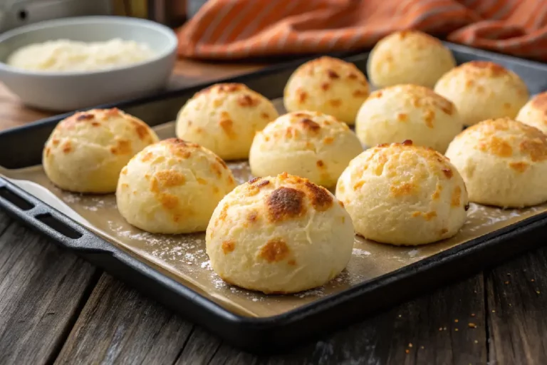 Cesta com pães de queijo dourados e crocantes com um cortado mostrando interior cremoso e aerado