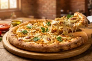 Pizza de frango com Catupiry de massa crocante e queijo derretido