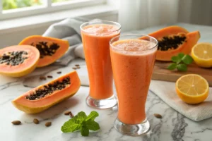 Dois copos de suco de mamão laranja vibrante com espuma no topo, servidos com pedaços de mamão fresco e limão sobre mármore branco