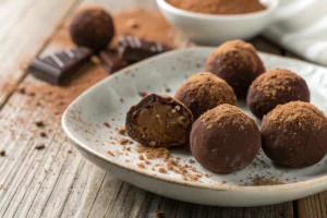 Trufas de chocolate caseiras com recheio cremoso, empanadas em cacau em pó, formato redondo e superfície aveludada.