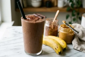 Vitamina de cacau e banana cremosa em copo alto com canudo e banana ao fundo