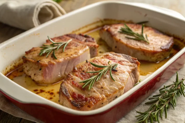 Bisteca suína assada no forno suculenta e dourada, temperada com alho e ervas, fatiada com molho de vinho ao lado.