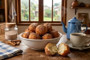 Bolinho de chuva fofinho com açúcar e canela