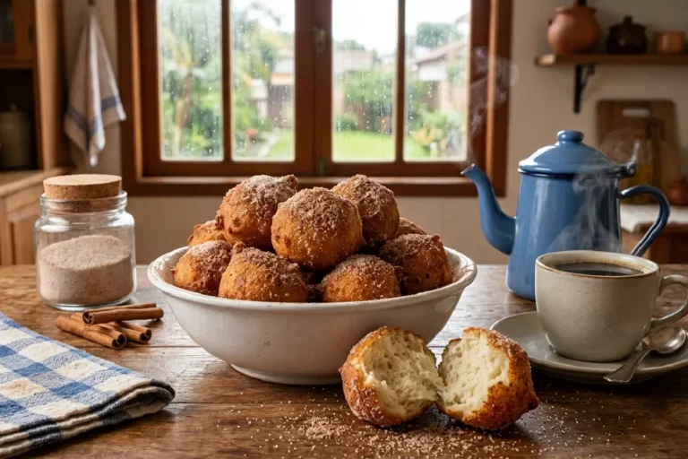 Bolinho de chuva fofinho com açúcar e canela