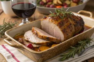 Carne assada dourada e suculenta servida em fatias em um prato branco.