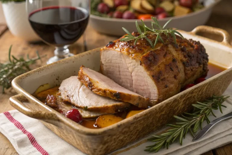 Carne assada dourada e suculenta servida em fatias em um prato branco.